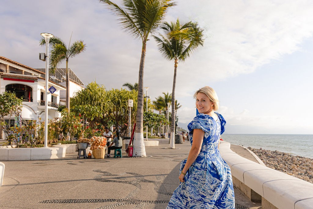 Laci, host of Relocation Passport, on the Malecón in Puerto Vallarta, Mexico